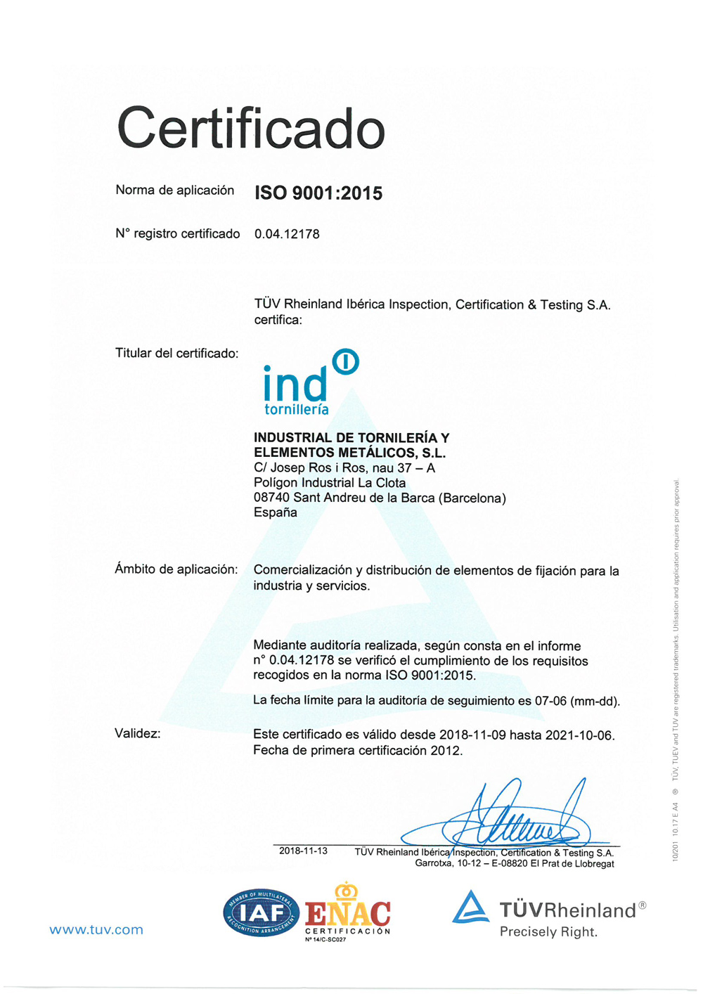 Certificado ISO9001 INDTornilleria
